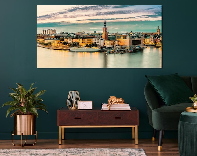 Stockholm Cityscape Canvas Print, Large Scandinavian Wall Art, Sunset Waterfront Artwork, Modern Art Print, Urban Wall Decor for Home