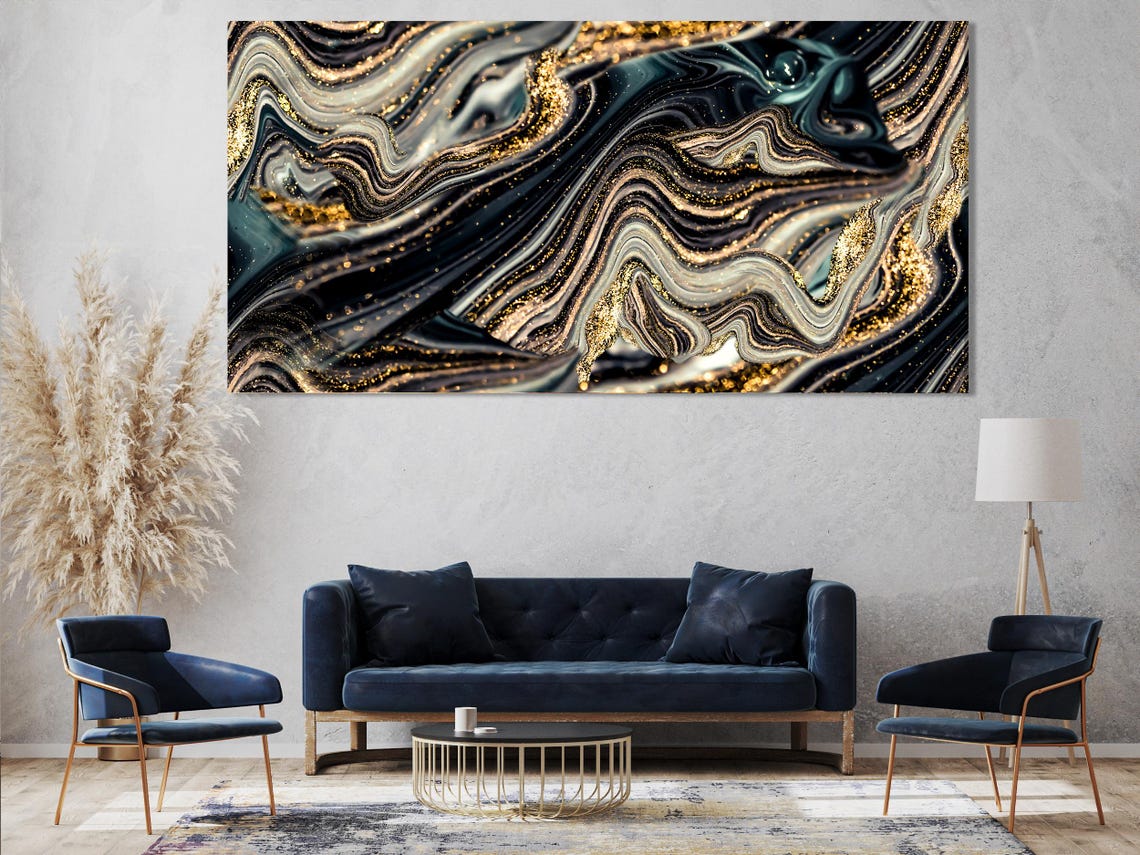 Three-panel abstract marble swirls in black, teal and grey with gold flecks and streaks detail view