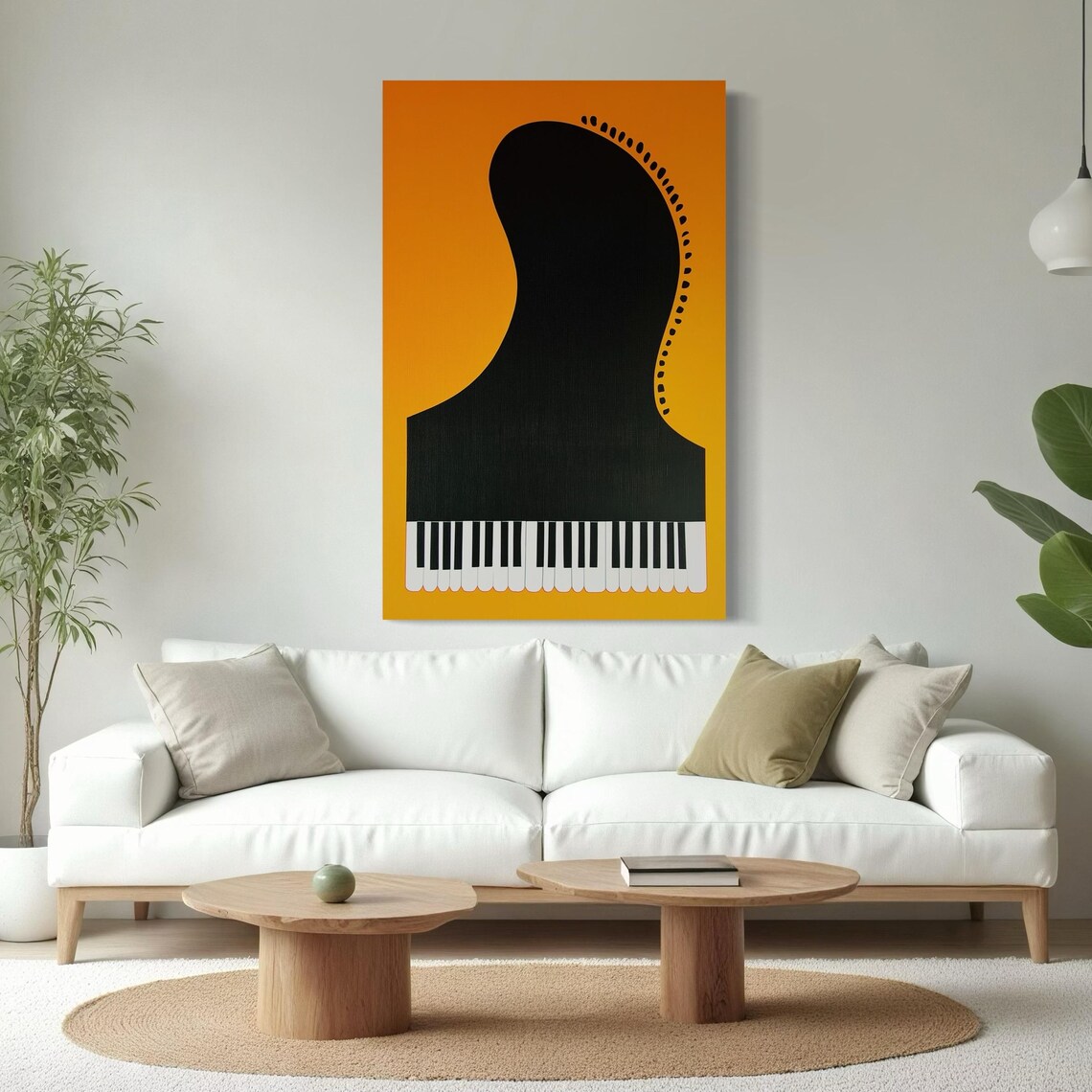 Music-themed wall art featuring a black grand piano silhouette with piano keys on a warm gold square