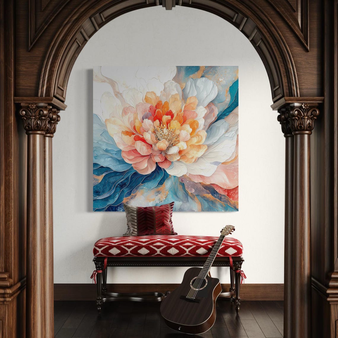 Peony-like floral painting with layered petals in cream, pink and warm orange, set against swirling blue and aqua background detail view