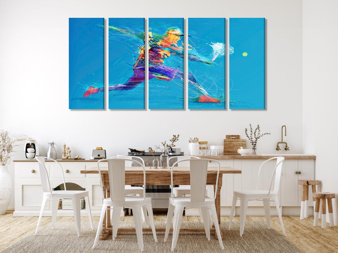 Room mockup with a large abstract tennis player artwork on a wall above a sofa