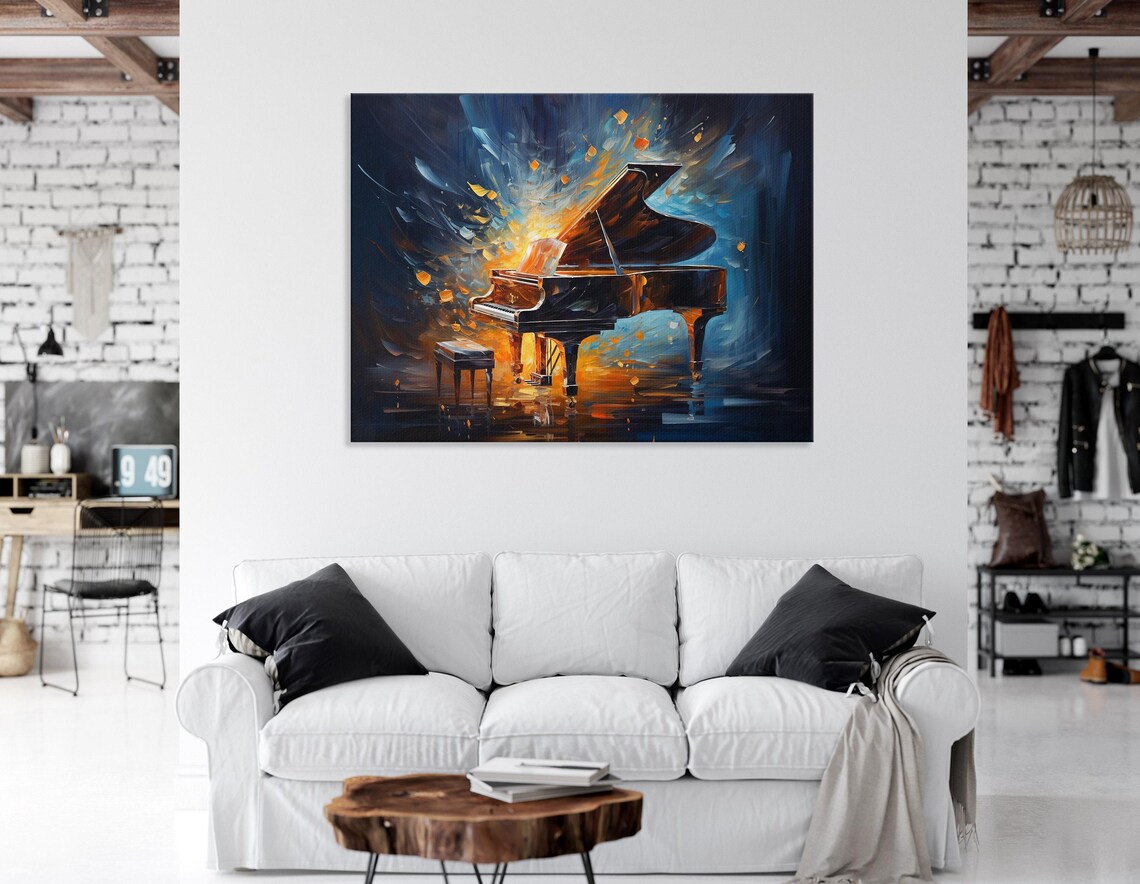 Dramatic grand piano artwork with amber glow and midnight blue flying fragments detail view