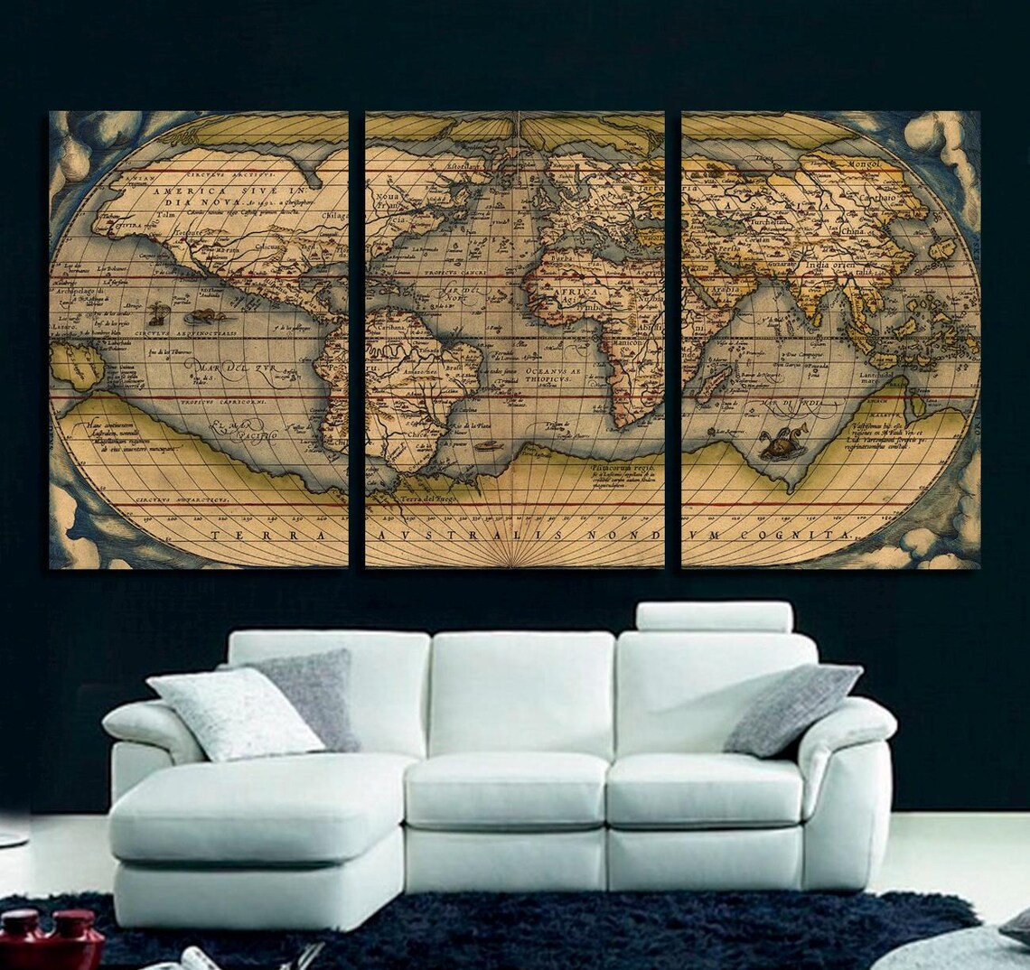 Five-panel vintage world map artwork shows antique-style coastlines, longitude lines and compass-like rays in muted parchment tones with blue-green