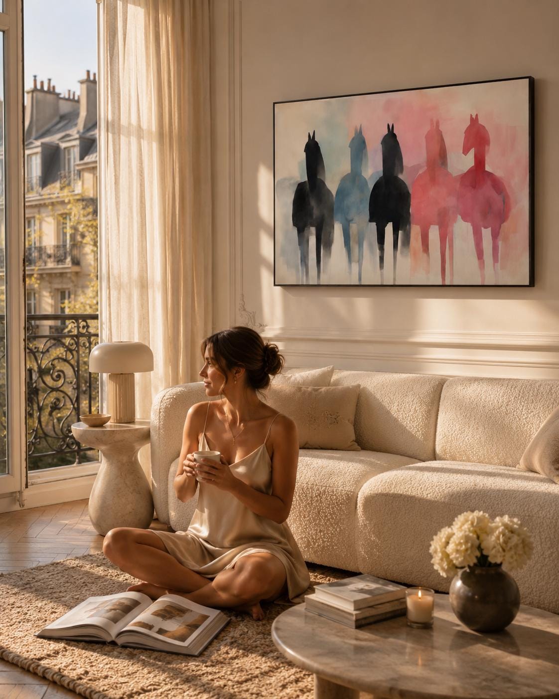 A person standing near a floor plant and a framed horse silhouette artwork on a wall