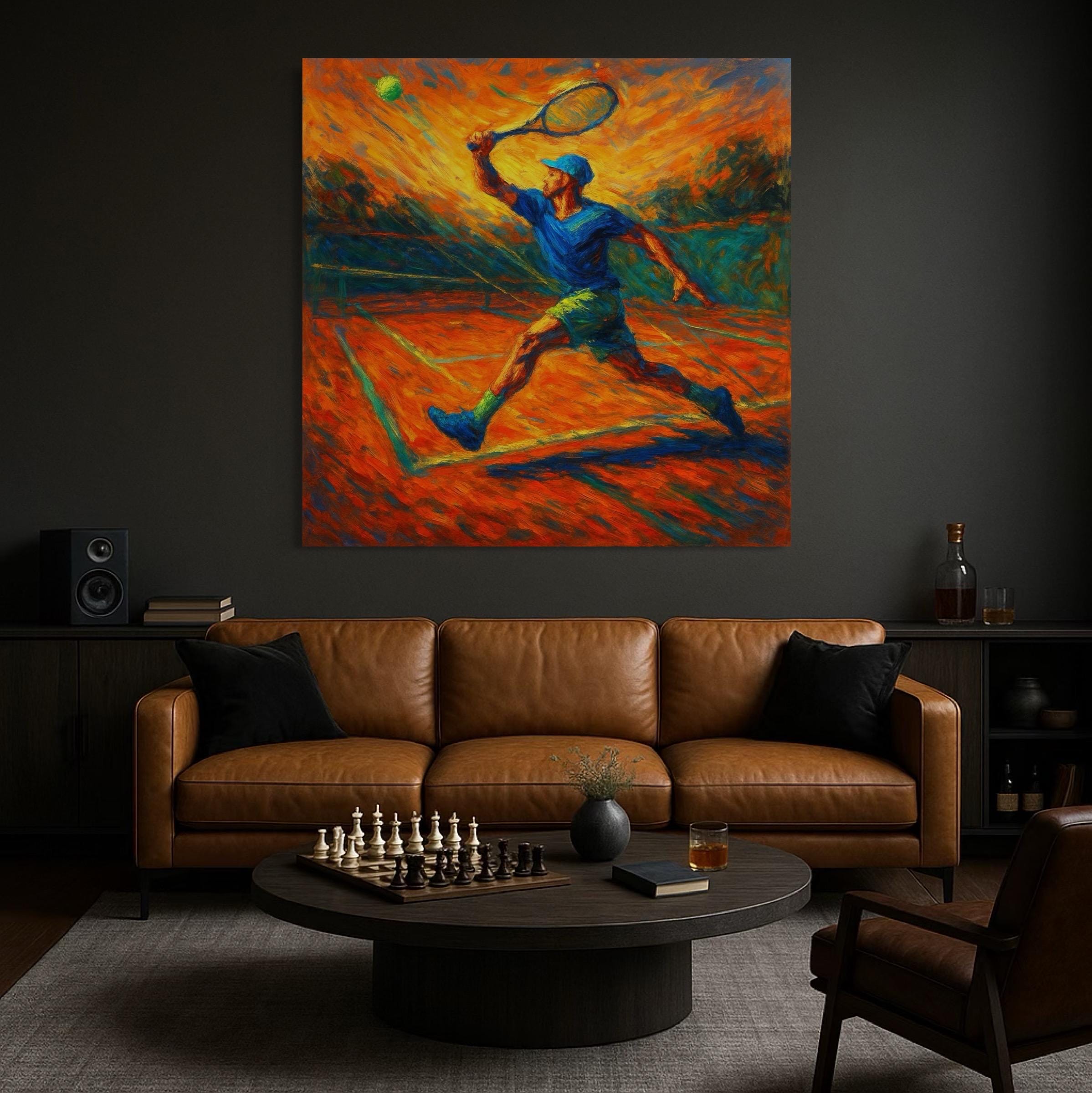 A painterly tennis player in blue is captured mid-serve on a vivid orange clay-court backdrop with dynamic strokes and green accents detail view