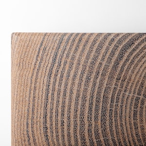 A rectangular piece of wood showing a cross-section of a tree trunk. The surface displays a series of concentric growth rings in alternating shades of dark brown and light tan, revealing the natural grain and texture of the timber.