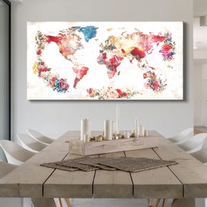 Abstract Floral World Map Canvas Print Colorful Watercolor Map Wall Art ...