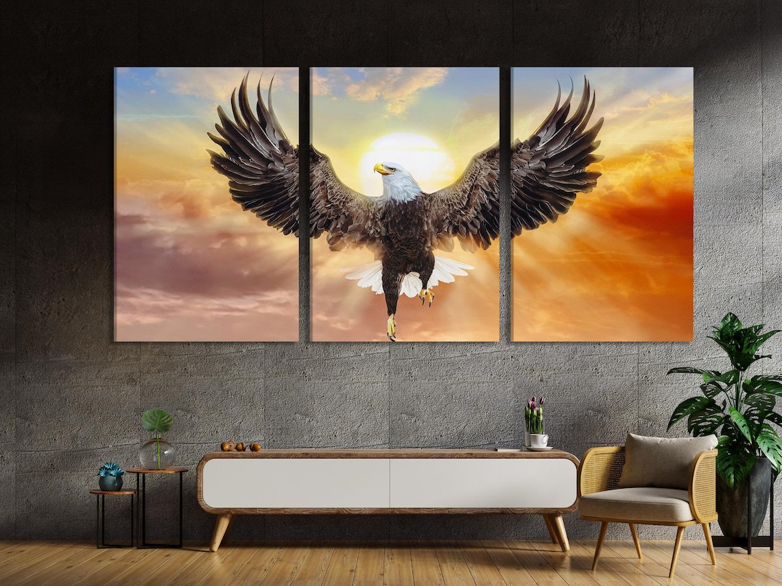 Room mockup showing a bald eagle wall artwork above a sofa