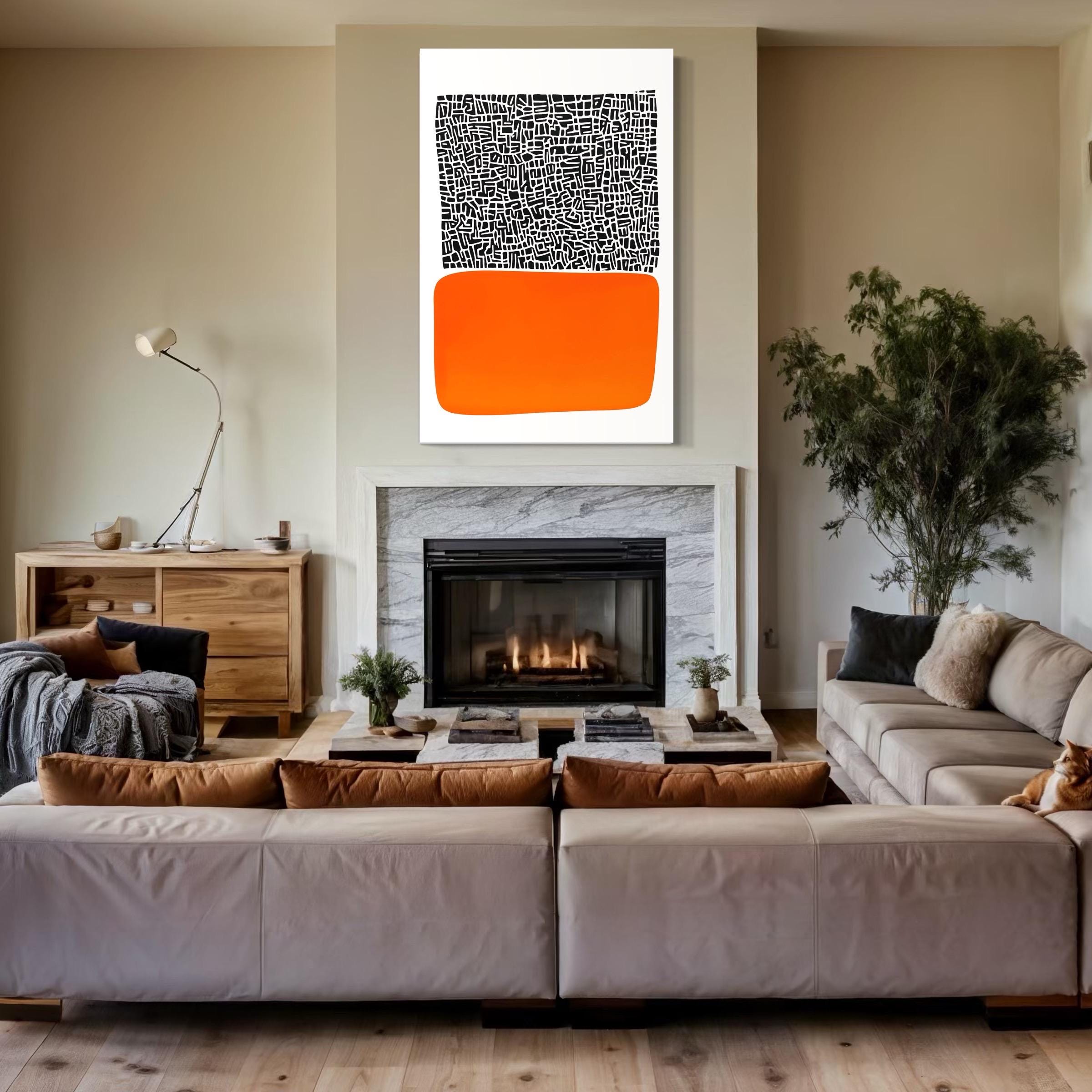 Abstract geometric artwork with dense black linework and a vivid orange rounded block on a white background detail view