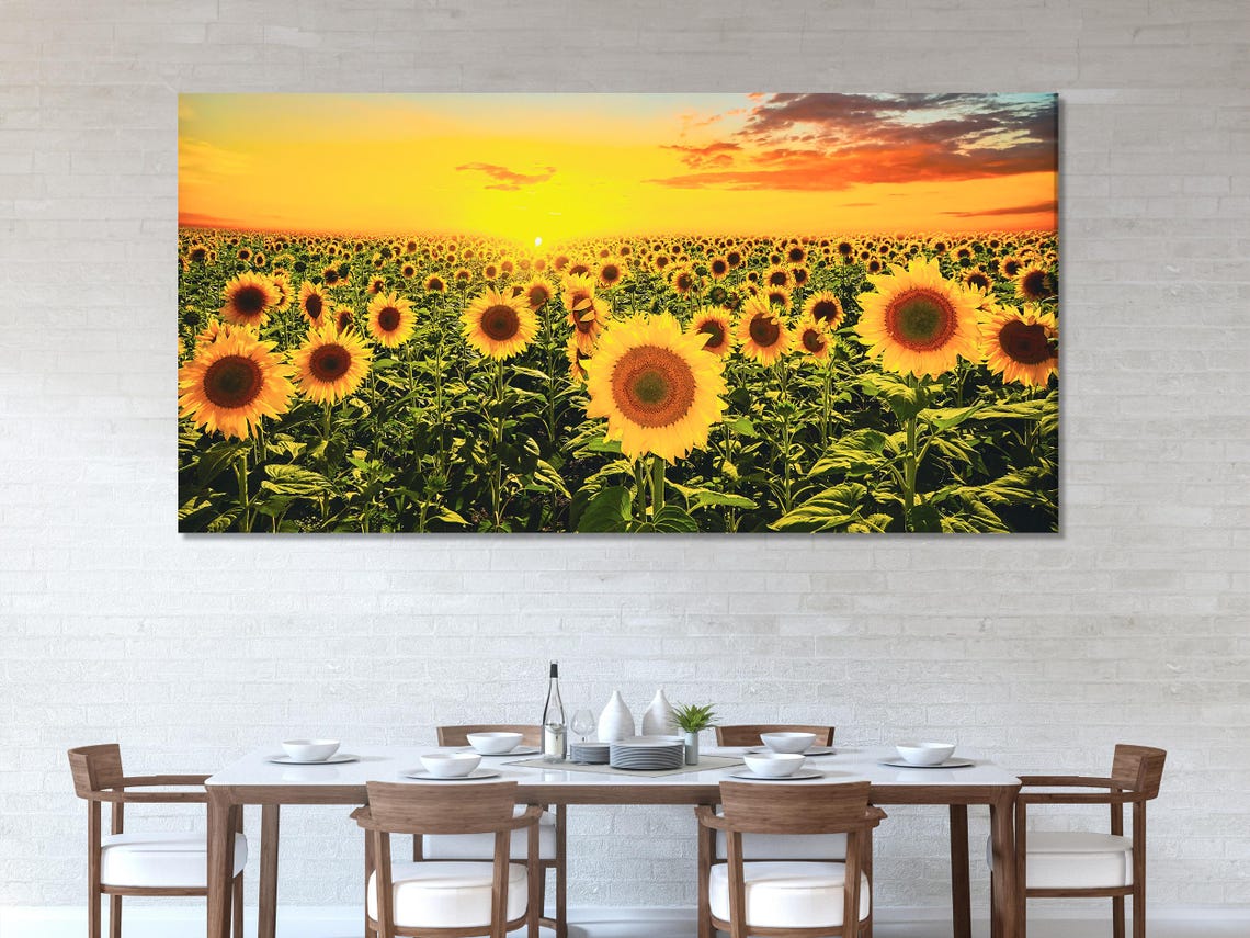 Sunflower field at sunset with bright yellow flowers and warm orange clouds detail view