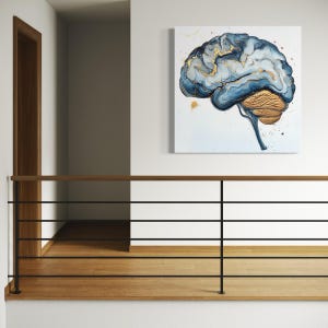 May include: A blue and gold abstract brain painting on a white background. The brain is painted in a swirling, organic style with gold accents.