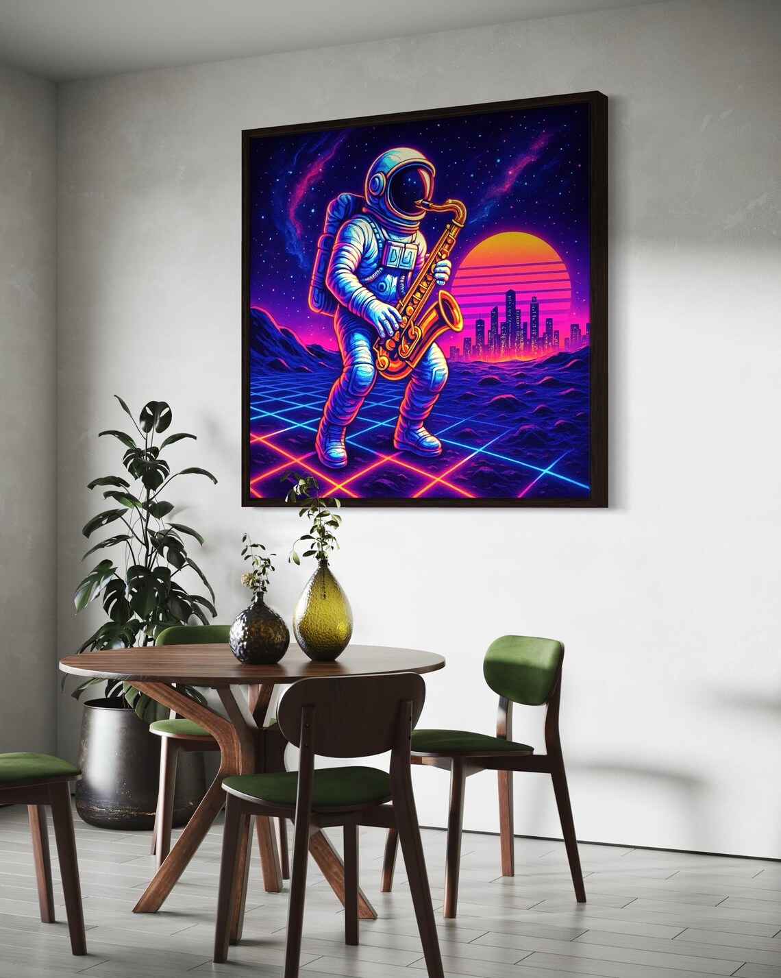 Neon astronaut saxophone artwork displayed in a modern dining room