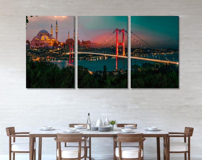 Istanbul Bosphorus Panoramic Wall Art, Sunset Over Suleymaniye Mosque and Bosphorus Bridge, Turkish Cityscape Canvas Print for Office Decor