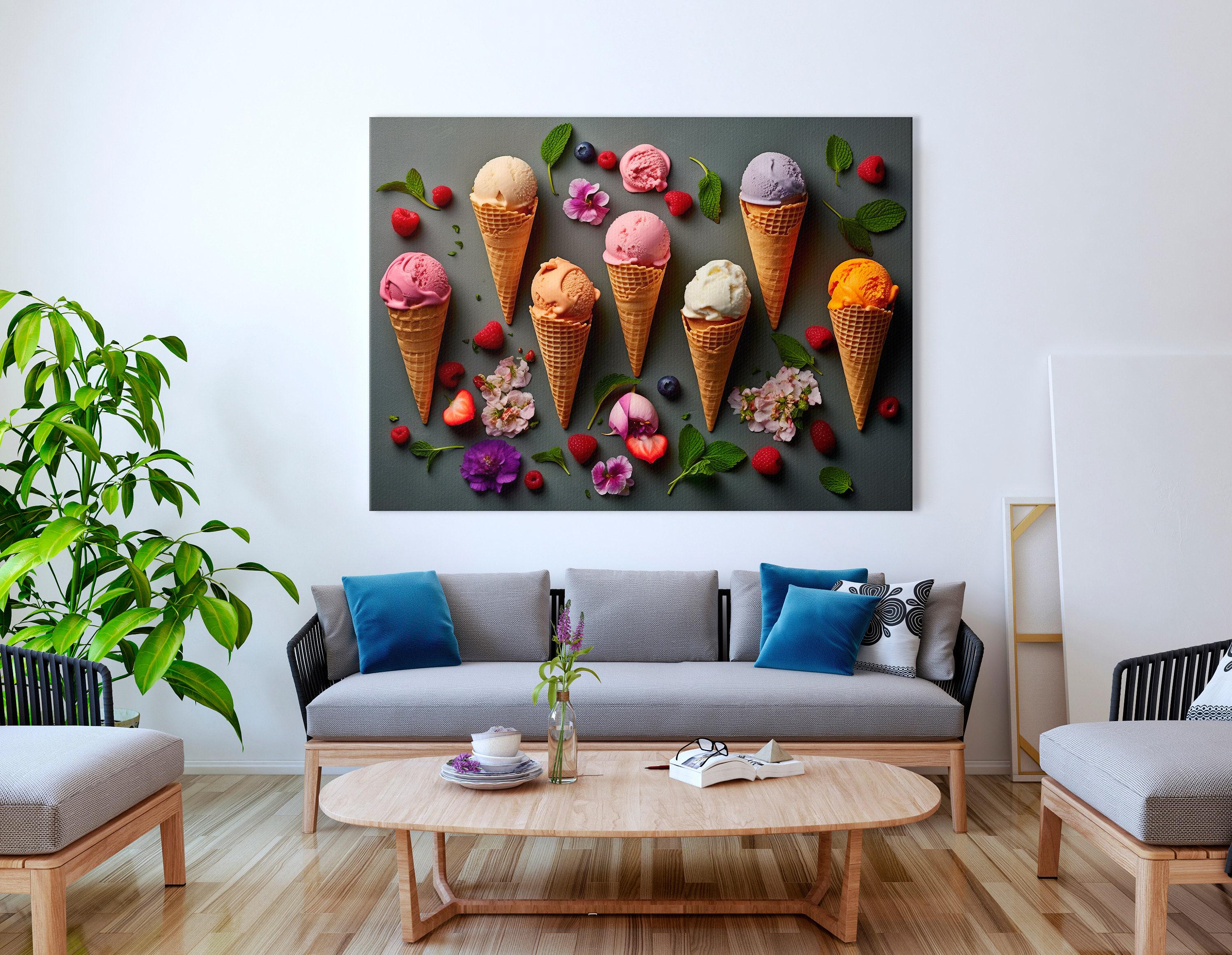 A colourful arrangement of ice-cream cones, scoops and berries sits on a dark grey background, surrounded by scattered flowers and mint leaves detail