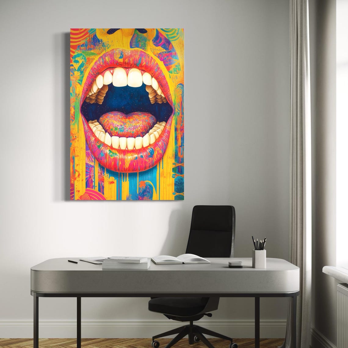 A stylised, rainbow-coloured open mouth with bright teeth frames a vivid heart-shaped tongue on a graffiti-like background detail view