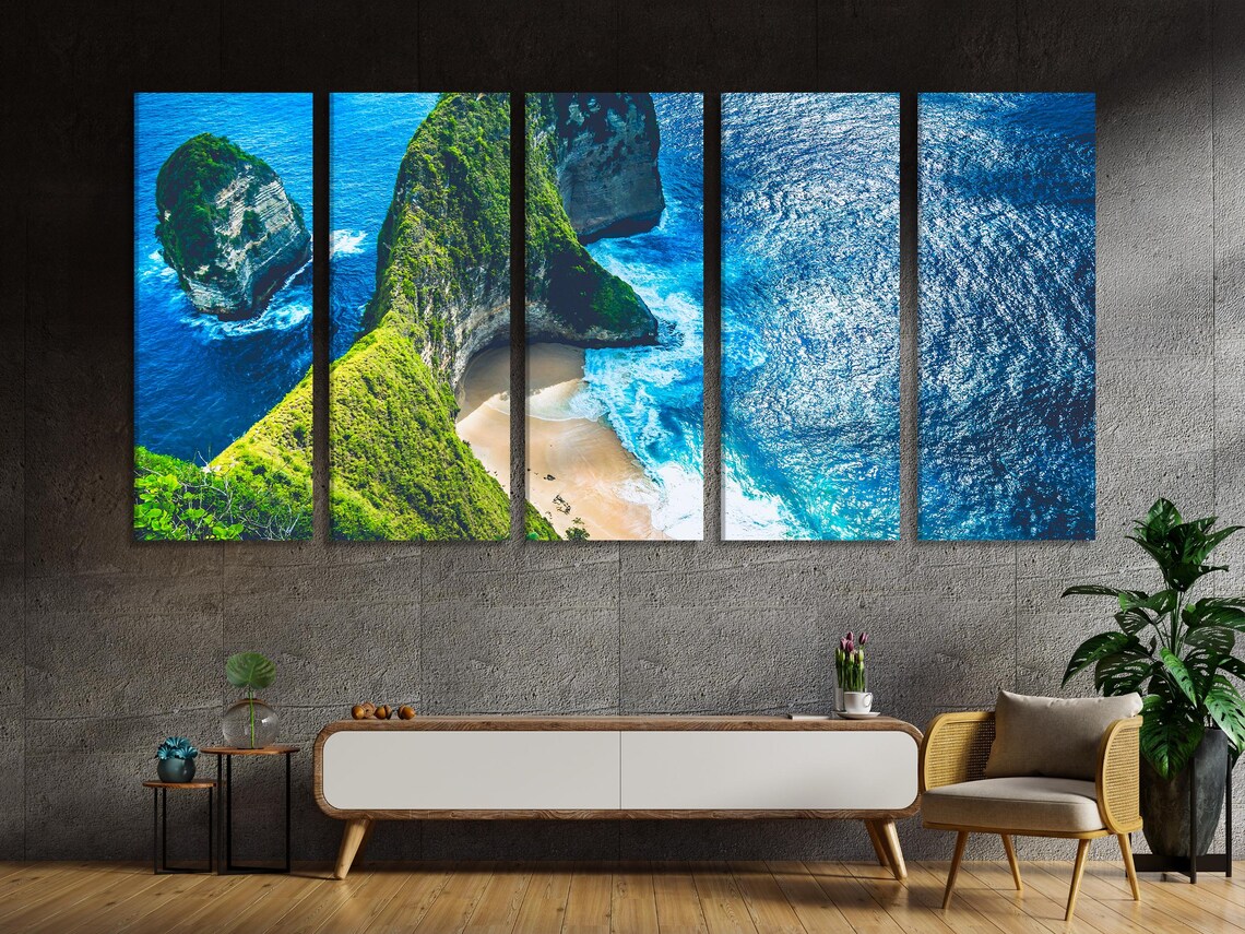 Three-panel seascape triptych with turquoise ocean water, green cliffs, and a sandy cove with foamy waves detail view