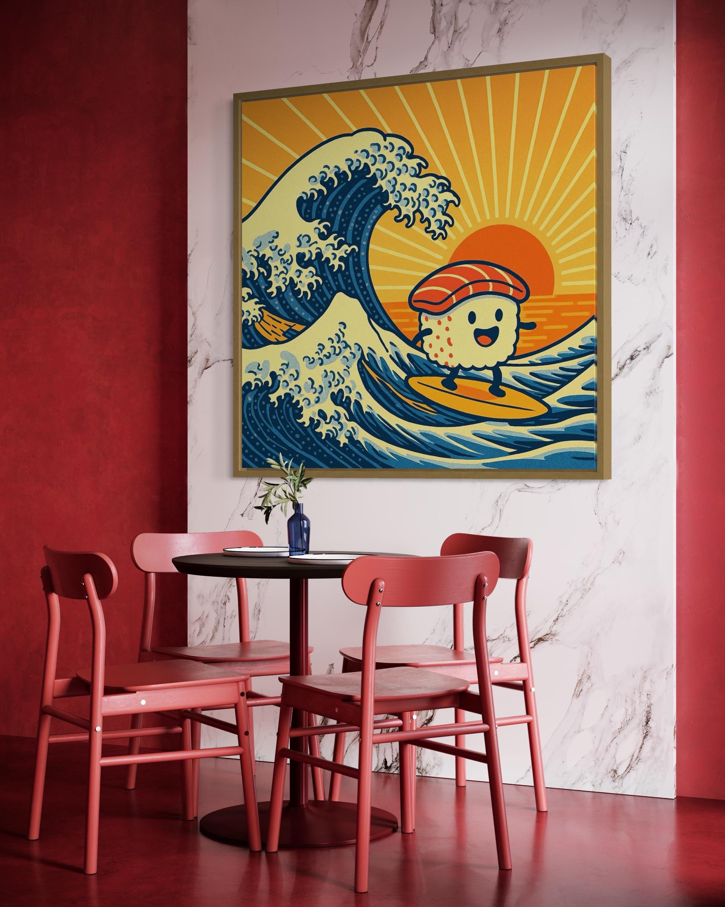 Artwork above a round table in a room setting