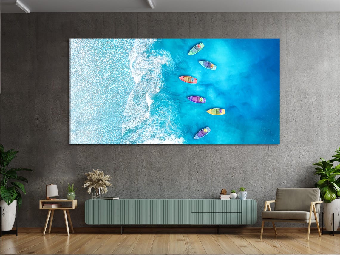 Dining room mockup with blue and white ocean artwork panels above a table