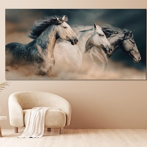 Large Horse Canvas Print, Running Horses Wall Art, Majestic Equine Artwork, Oversized Horse Lover Canvas Print for Modern Living Room Decor