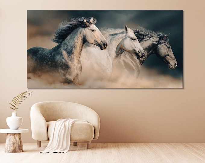 Large Horse Canvas Print, Running Horses Wall Art, Majestic Equine Artwork, Oversized Horse Lover Canvas Print for Modern Living Room Decor