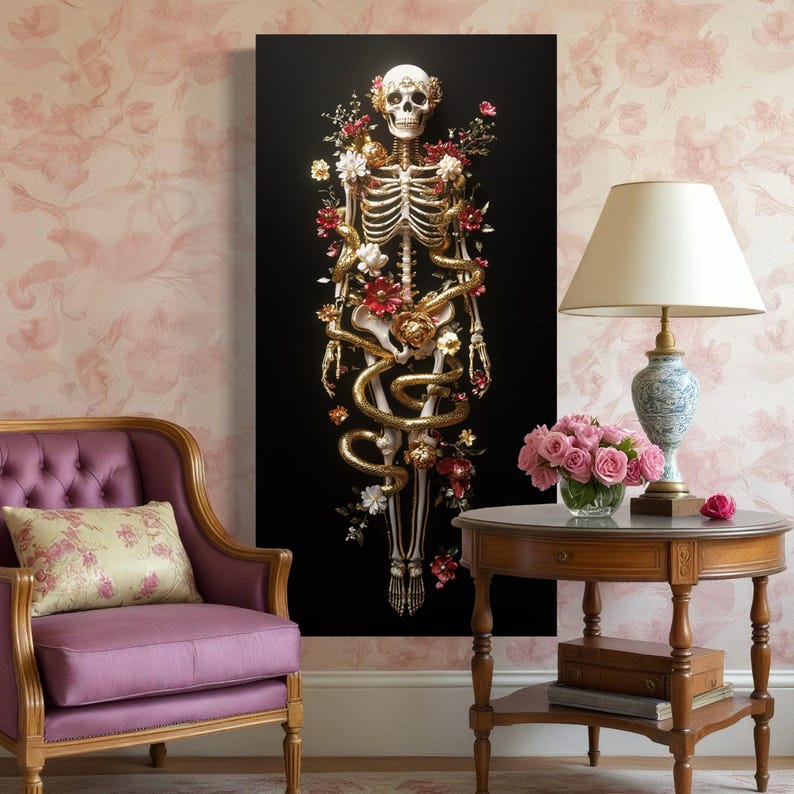 Gothic skeleton with gold serpent coils and red and cream flowers on a dark background