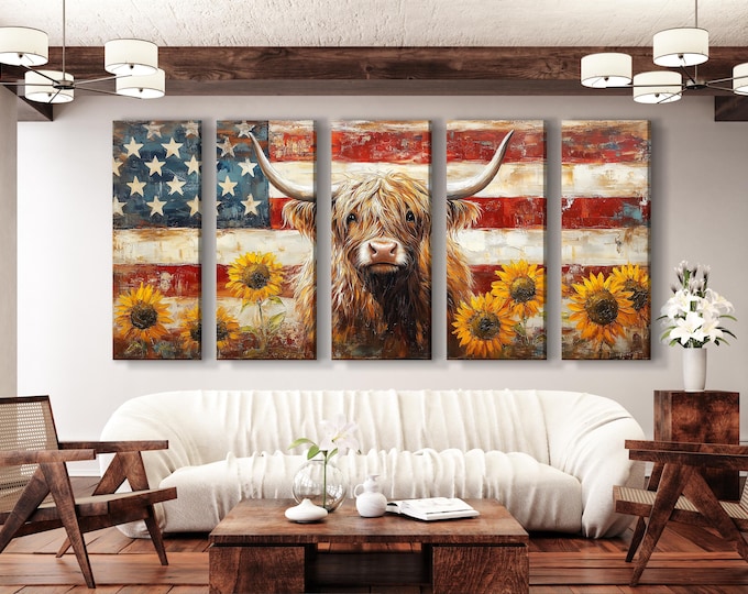 Highland Cow Wall Art - Rustic Art Farmhouse Decor, American Flag Canvas Art, Highland Cow Art Print, American Wall Decor, Large Cow Artwork