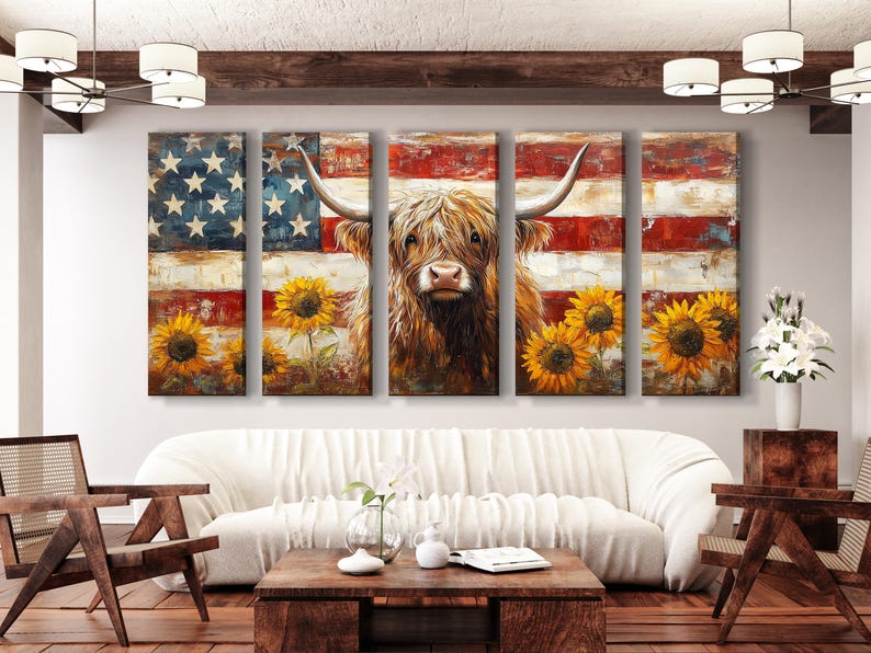 Highland cow portrait surrounded by sunflowers on distressed red, blue and cream background with stars