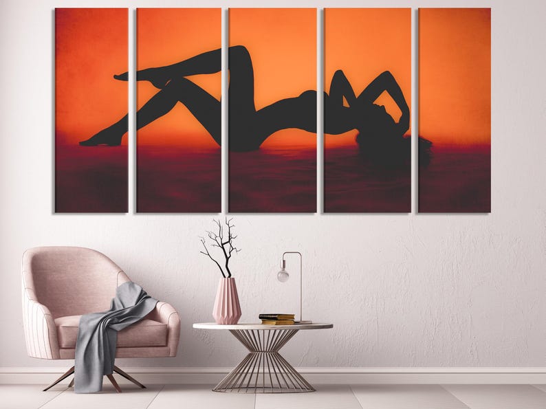 Dark silhouette of a human figure posed across panels against a burnt orange to plum sunset gradient