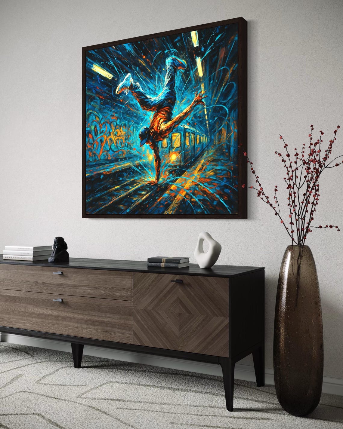 Neon blue breakdancer figure in a graffiti street art scene with orange and yellow streaks detail view