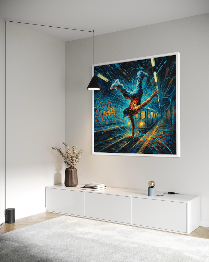 Neon blue breakdancer figure in a graffiti street art scene with orange and yellow streaks