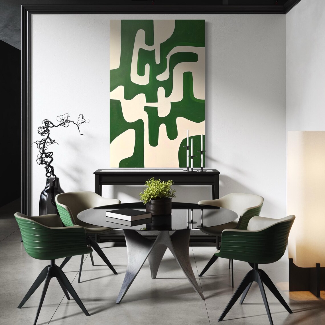 Modern living room with a vertical emerald green and off-white abstract artwork above a white sideboard