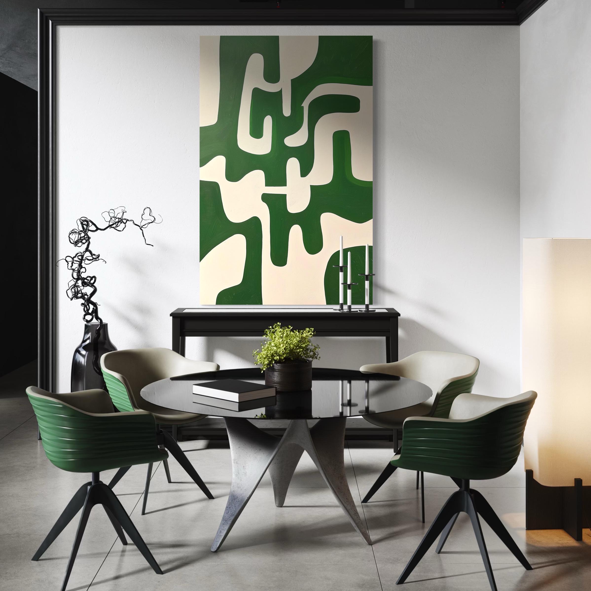 Modern living room with a vertical emerald green and off-white abstract artwork above a white sideboard