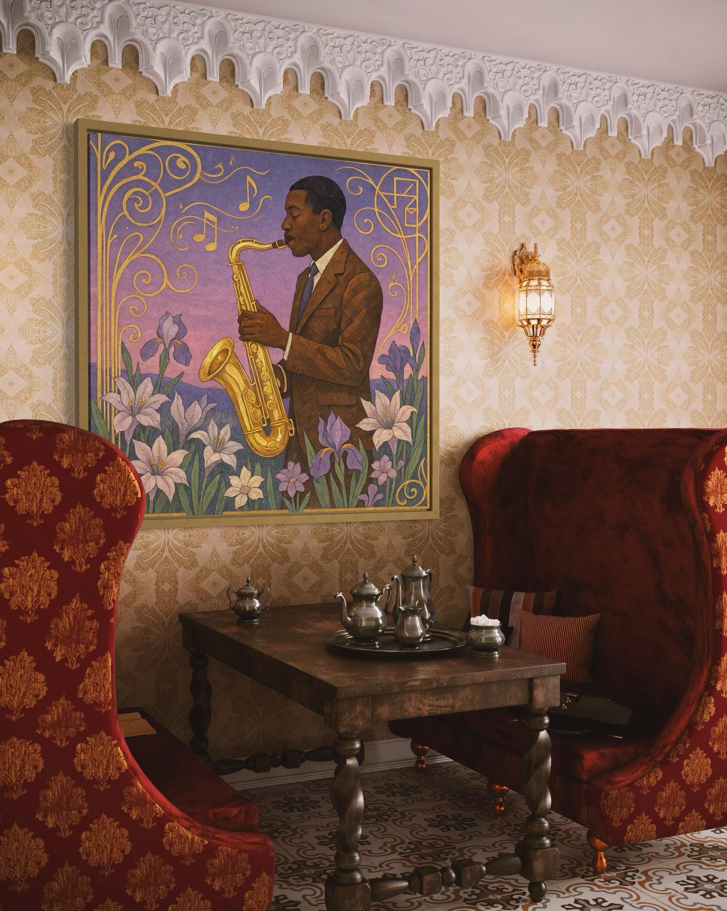 Framed saxophonist wall artwork displayed in a modern interior with marble fireplace surround