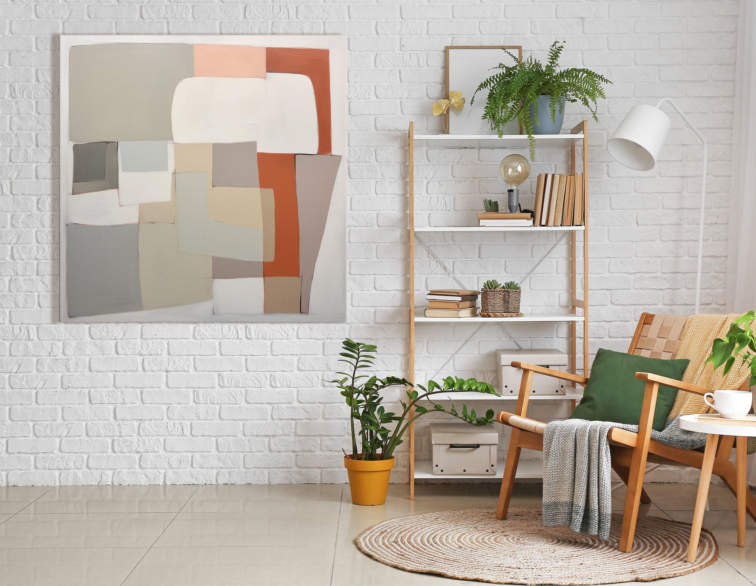 Neutral geometric abstract artwork with layered rectangles in cream, sage green and terracotta accents detail view