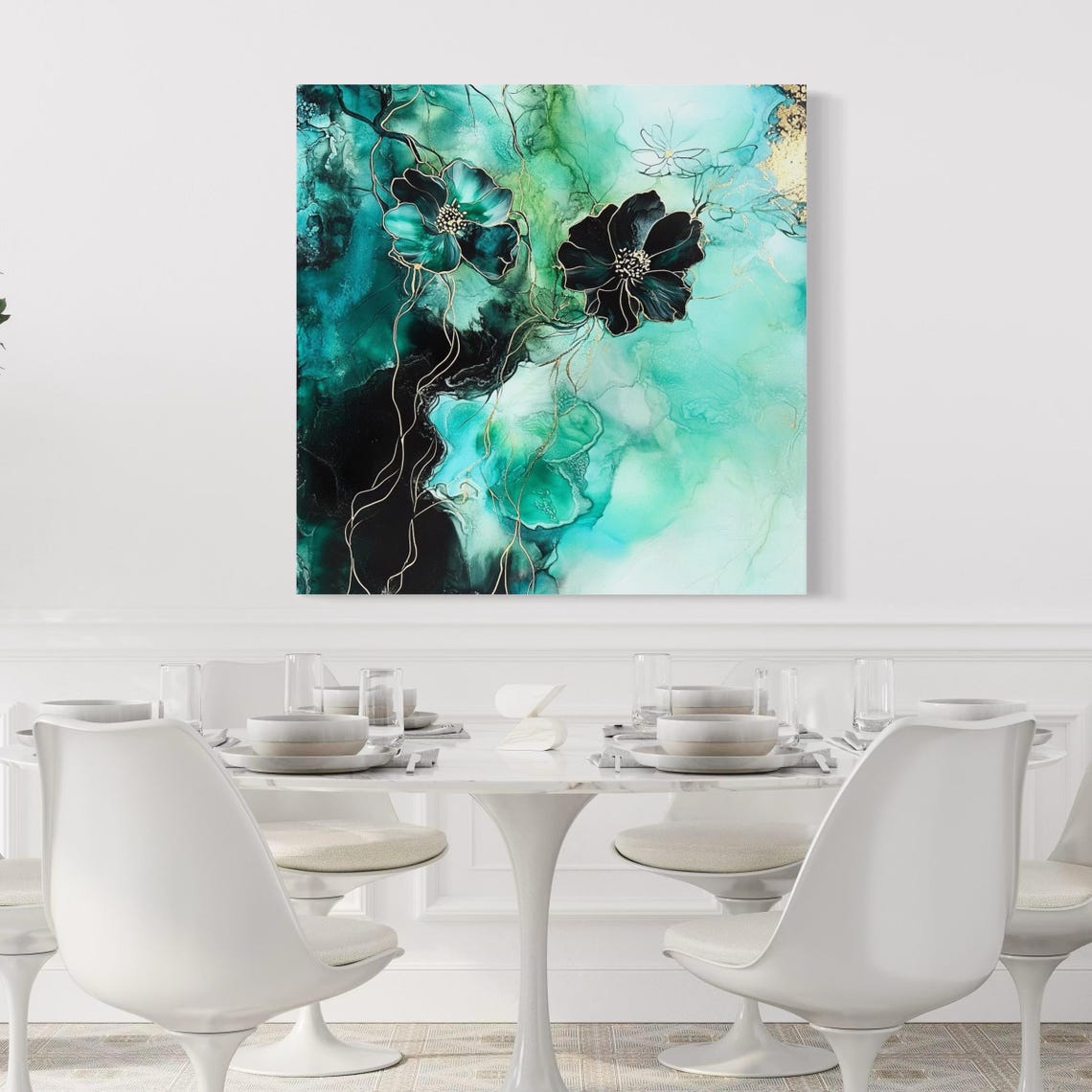 Abstract teal floral artwork with dark outlined blossoms, marbled turquoise background and gold speckles detail view
