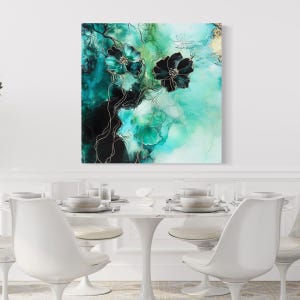 Blauwgroen bloemen kunst aan de muur - abstracte canvaskunst, groene en zwarte bloem schilderij, gouden accenten botanische kunst print, op de natuur geïnspireerde wanddecoratie