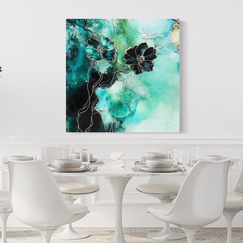 Abstract floral artwork with teal and dark flowers, curving botanical stems and small gold flecks on an aqua teal background