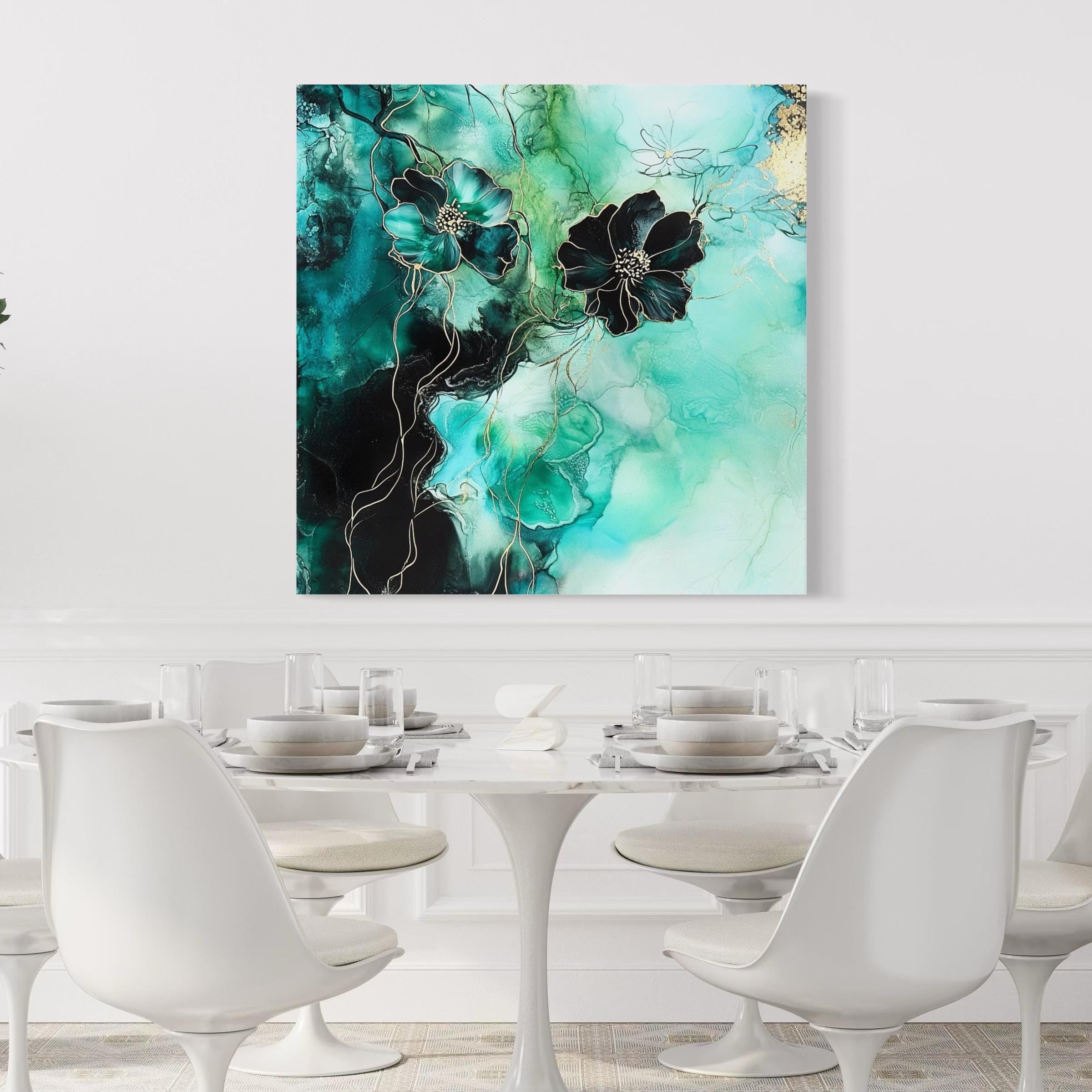 Abstract teal floral artwork with dark outlined blossoms, marbled turquoise background and gold speckles detail view
