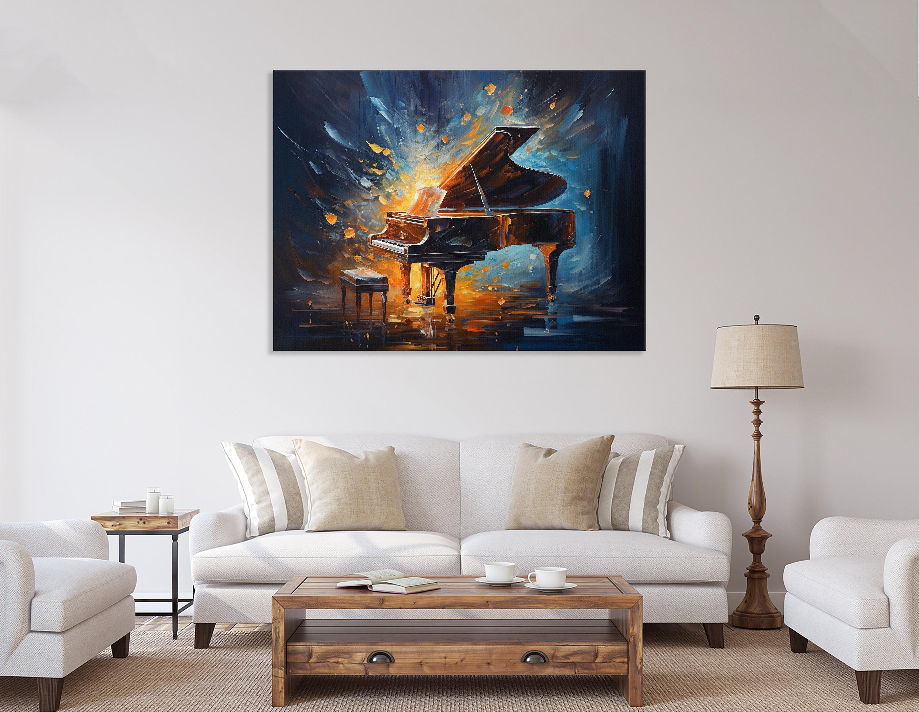 Dramatic grand piano artwork with amber glow and midnight blue flying fragments detail view
