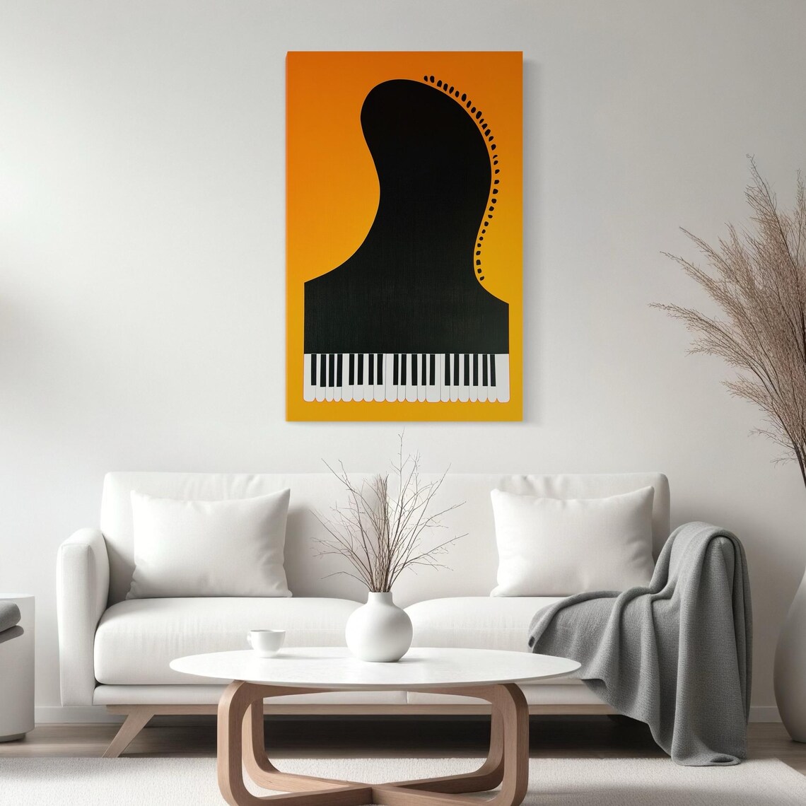 Music-themed wall art featuring a black grand piano silhouette with piano keys on a warm gold square