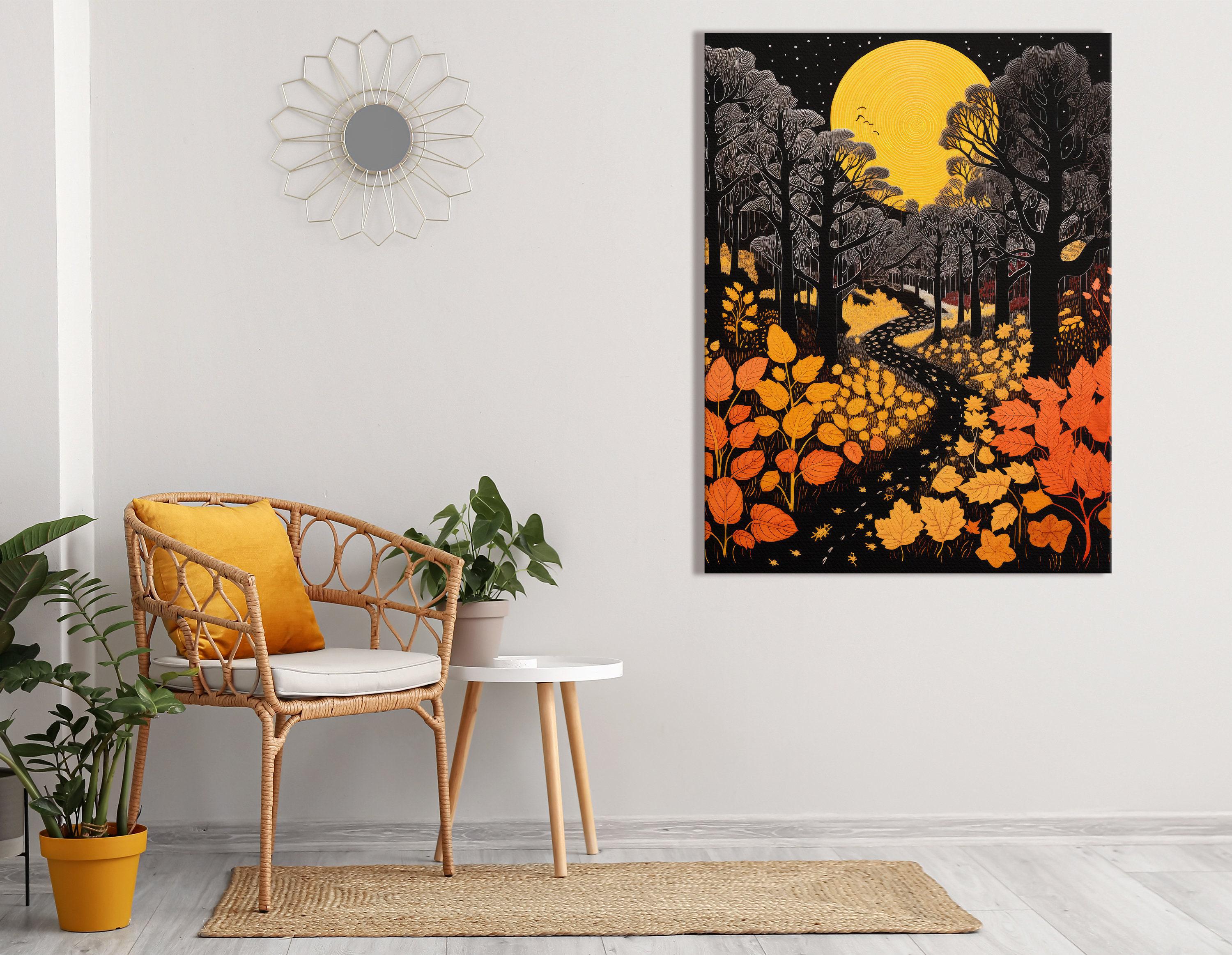 Moonlit autumn forest with glowing yellow moon, dark tree silhouettes and falling orange leaves detail view
