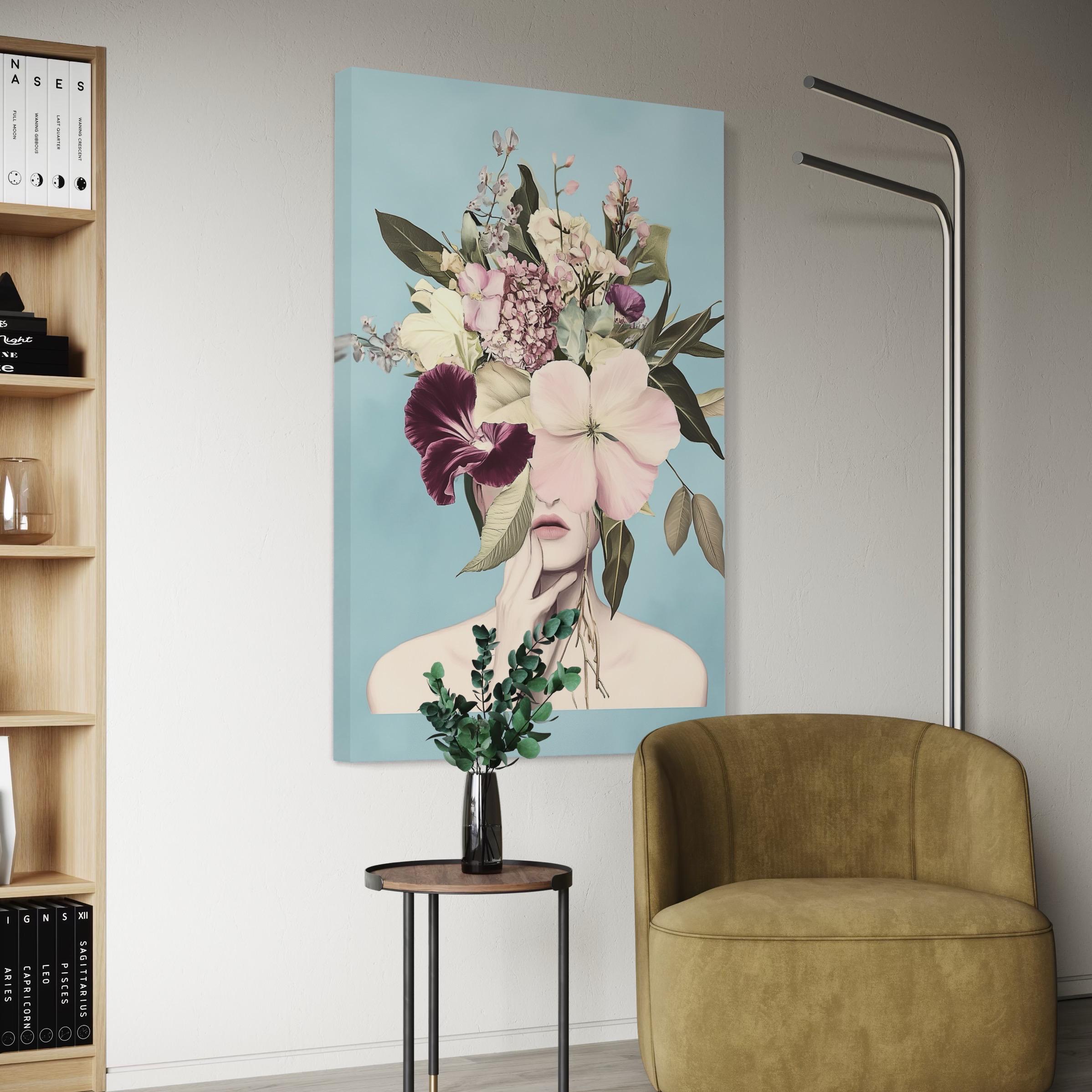 Artwork of a pastel floral woman portrait displayed above a sofa in a living room mockup