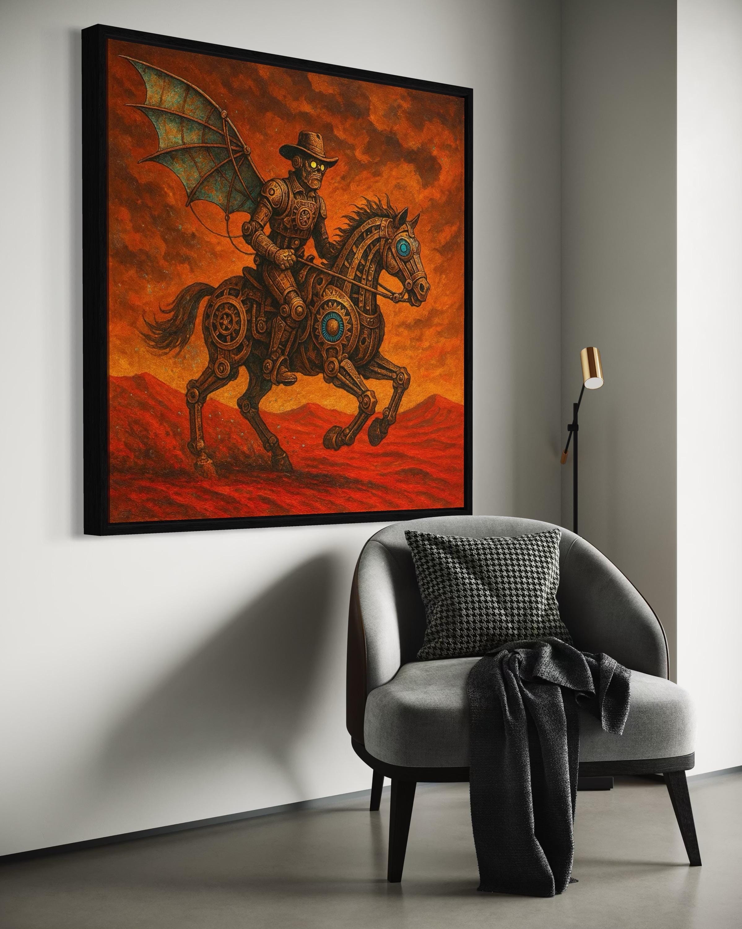 Steampunk cowboy riding a mechanical horse in a fiery orange and red desert scene with turquoise accents detail view