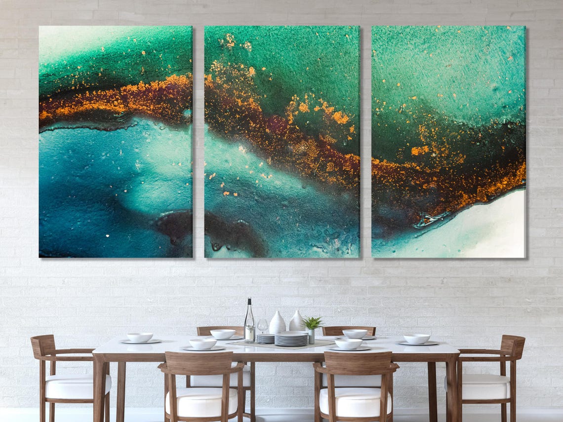 A five-panel teal and emerald abstract artwork shows layered horizon-like bands with glowing golden flecks and a foamy cyan lower edge detail view