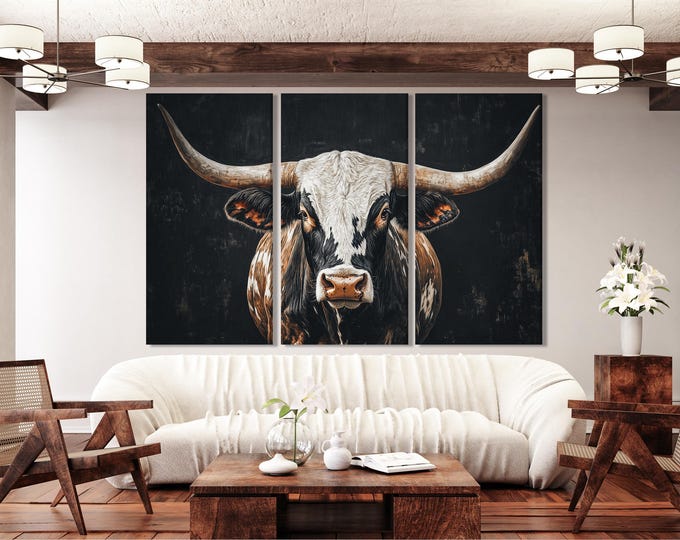 Longhorn Cow Wall Art - Farmhouse Wall Decor, Large Cow Wall Art,Texas Longhorn Cow Print, Rustic Farm Painting Longhorn Cow Canvas Print