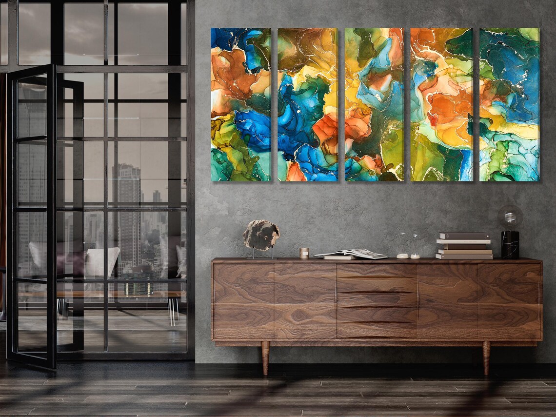 Room mockup showing an abstract ink-style artwork above a sofa