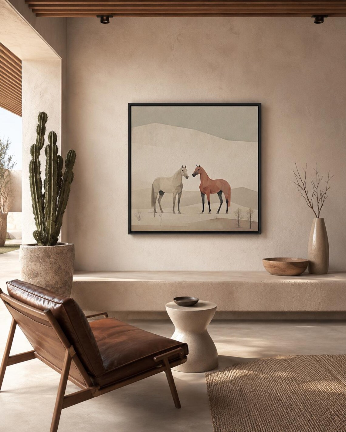 People holding wine near a framed minimalist desert horse artwork on a wall