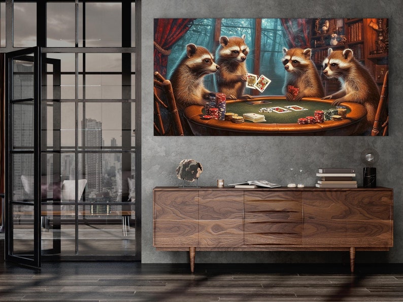 Raccoons playing cards at a poker table with stacks of chips