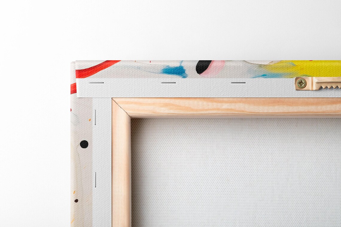 Abstract splatter artwork with black looping lines and red, orange, yellow and blue paint bursts on a white background detail view