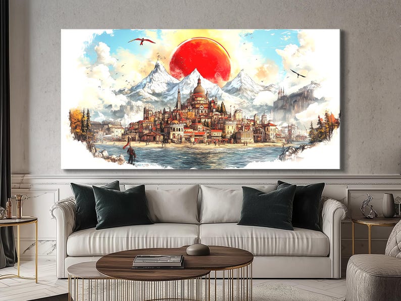 Fantasy mountain cityscape under a large red sun with snowy peaks, clouds, birds and a river